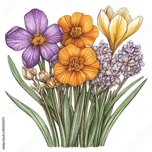 watercolor draw of Spring Equinox Floral Celebration, isolated on a white background.