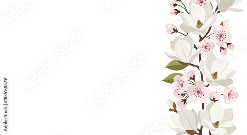 Elegant vertical floral border with magnolia and cherry blossoms
