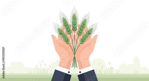 Hands holding wheat stalks in a minimalist style against pastoral landscape