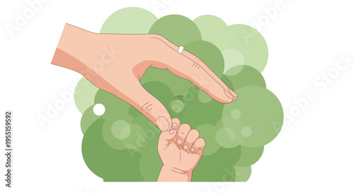 Tender connection: parent and child hands on a leafy background
