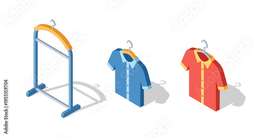 Isometric wardrobe design with colorful hanging shirts on hangers