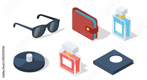 Isometric accessories: sunglasses, wallet, perfume, and cd design elements