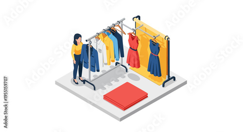 Shopping scene with woman browsing clothes in isometric style