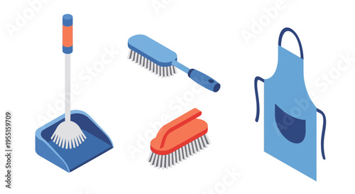 Isometric cleaning tools set with apron: brushes, scooper, and mop in blue and orange