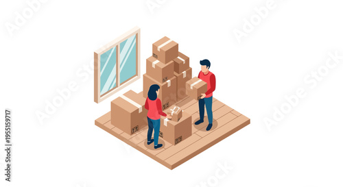 Moving day scene with people and cardboard boxes in isometric style