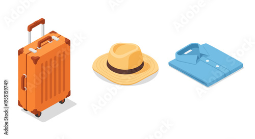 Essential travel items in isometric style: suitcase, hat, and shirt