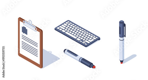 Modern isometric office supplies: keyboard, clipboard, and pens