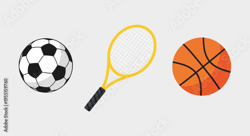 Colorful sports equipment set: soccer ball, tennis racket, basketball