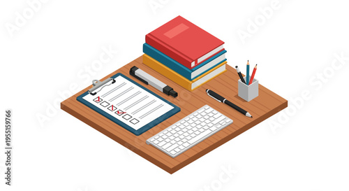 Isometric desk with office supplies and keyboard