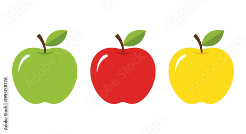 Colorful trio of apples with leaf in flat design on white background