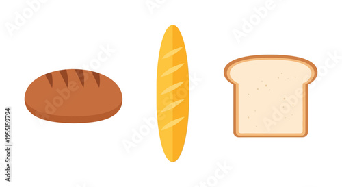 Variety of bread types in flat style: baguette, loaf, sliced