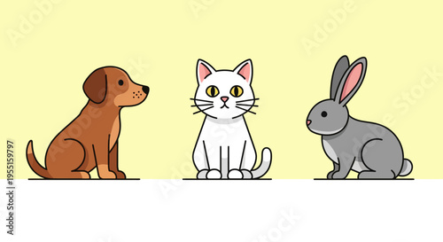 Adorable cartoon animals on soft yellow background