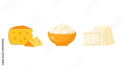 Variety of dairy products: cheese wheel, mozzarella balls, ricotta on white background