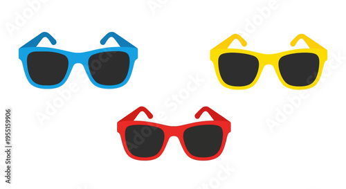 Colorful sunglasses trio on white background in flat style