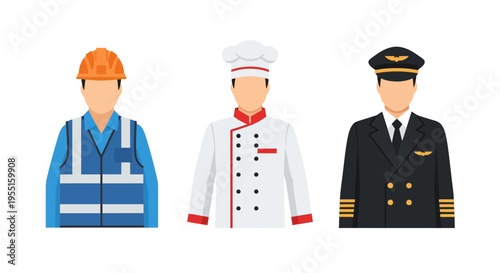 Diverse professional outfits in flat design: engineer, chef, pilot