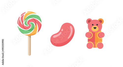 Colorful candy and toy bear collection on white