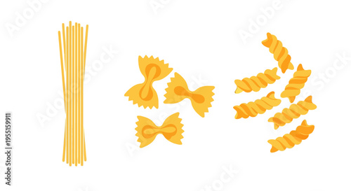 Assorted pasta shapes: spaghetti, farfalle, fusilli on white background