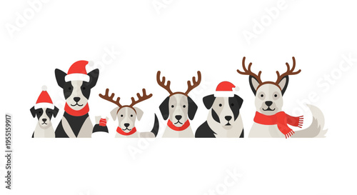 Festive dogs in christmas attire featuring santa hats and reindeer antlers