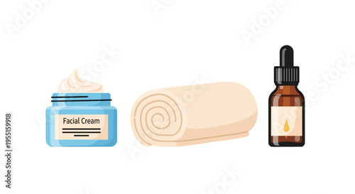 Skincare essentials: cream, towel, serum bottle in flat design