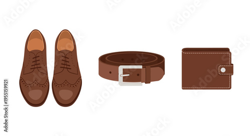 Classic brown accessories set with shoes, belt, and wallet on a white background