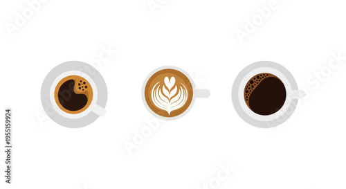 Minimalist coffee cups trio with latte art on white background