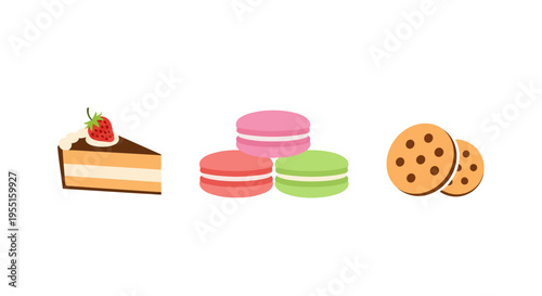Delicious desserts: colorful cake, macarons, and cookies in flat design