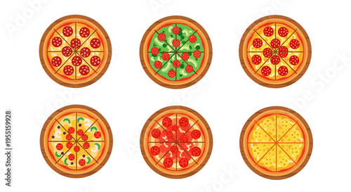 Colorful flat design pizzas with various toppings