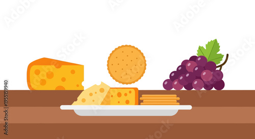 Flat style cheese platter with crackers and grapes on wooden surface