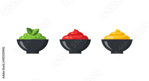 Variety of dipping sauces in bowls: green, red, yellow flat design