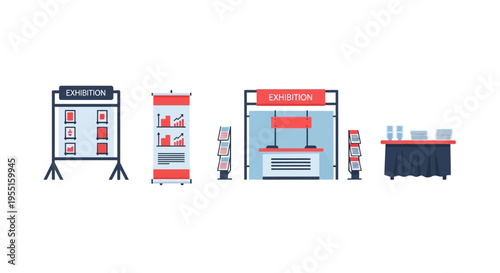 Modern exhibition booths and displays in flat design for trade shows and events