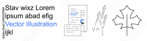 Business growth, data analysis, finance tracking, corporate presentation, research, and nature. Document with charts, arrows rising and outline of a maple leaf. Business growth and data analysis