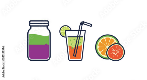 Colorful beverage icons with orange and lime slices in modern flat style