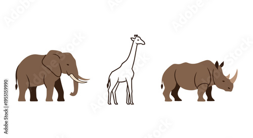 Minimalist safari animals: elephant, giraffe, rhino silhouettes on white