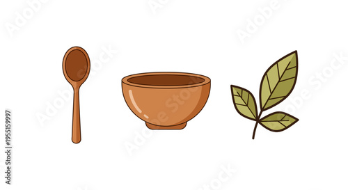 Rustic kitchen set with spoon, bowl, and leaf elements