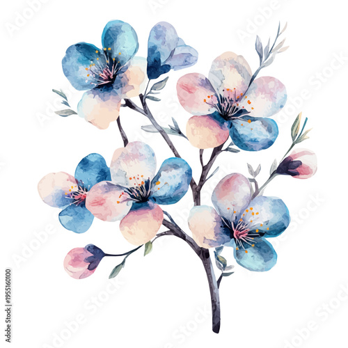 Spring Blossoms, serene watercolor vector artwork with smooth washes of color and refined textures, isolated on a white background.