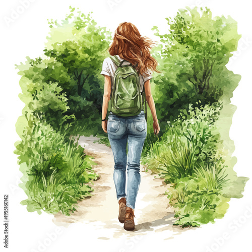 Springtime Walk, serene watercolor vector artwork with smooth washes of color and refined textures, isolated on a white background.