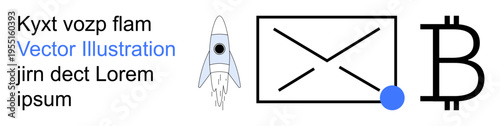 Cryptocurrency, email services, digital innovation, blockchain technology, startup launches, futuristic concepts. Rocket, email icon and Bitcoin symbol. Cryptocurrency and email services concept