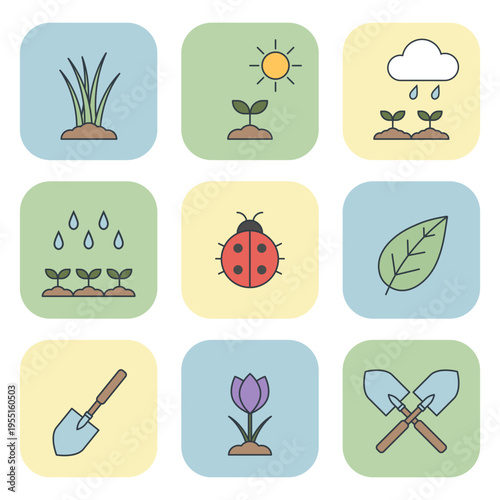 Spring garden icon set with sprouts, sun, rain, ladybug, and tools. Hand drawn vector illustrations