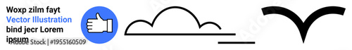 Communication, nature, digital , abstract art, positivity, icons. Thumbs up symbol, cloud outline and flying bird. Communication and nature concepts with minimalistic shapes
