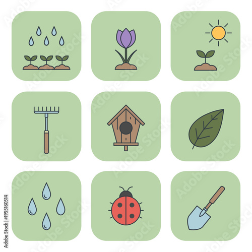 Spring garden icon set with sprouts, sun, ladybug, and birdhouse. Hand drawn vector illustrations