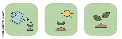 Garden icon set with watering sprout, sun, and plant. Vector illustrations for spring design