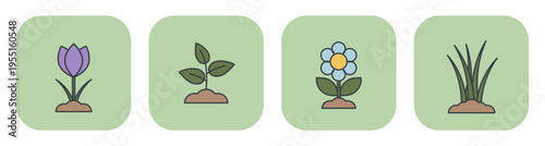 Icon set featuring purple crocus, green sprout, daisy, and grass. Vector illustrations for spring design