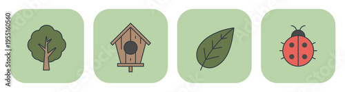 Spring garden icon set with tree, birdhouse, leaf, ladybug. Vector illustrations for spring design