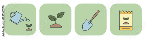 Flat icon set with watering can, sprout, shovel, and seeds. Vector illustrations for spring design
