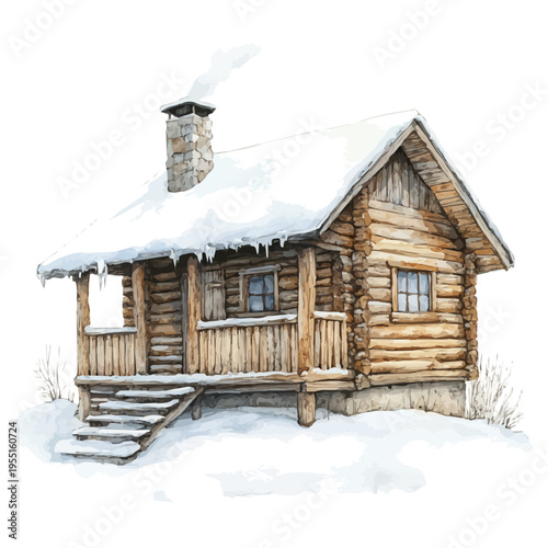 Snow-covered Cabin, serene watercolor vector artwork with smooth washes of color and refined textures, isolated on a white background.