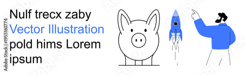 Savings, innovation, financial growth, business strategy, startup support, creative planning. A piggy bank, a rocket and a person pointing. Savings and innovation in business concept
