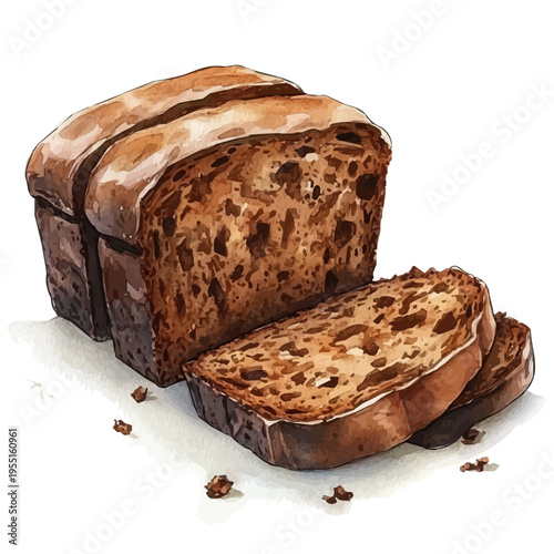 Sliced Pumpkin Bread, lively watercolor vector drawing with intricate brush, isolated on a white background.
