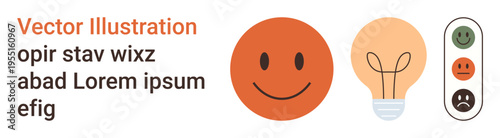 Emotional feedback, idea generation, customer satisfaction, user experience, creativity, decision-making. happy face, light bulb satisfaction scale. Emotional feedback and idea generation concepts