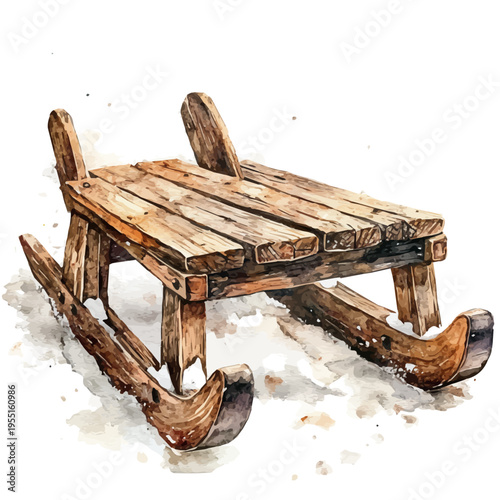 Sled, serene watercolor vector artwork with smooth washes of color and refined textures, isolated on a white background.