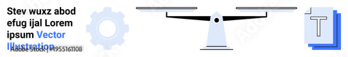 Business analysis, decision-making, comparison tools, strategy, productivity, workflow. Scale between gear and text icons. Business analysis and decision-making concept